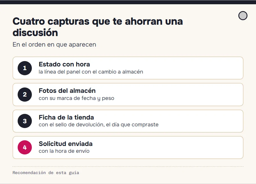 Lista de cuatro capturas que conviene guardar: estado con hora, fotos del almacén, ficha del vendedor con su sello y solicitud enviada