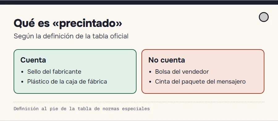 Diferencia entre el precinto del fabricante, que cuenta, y la bolsa del vendedor, que no