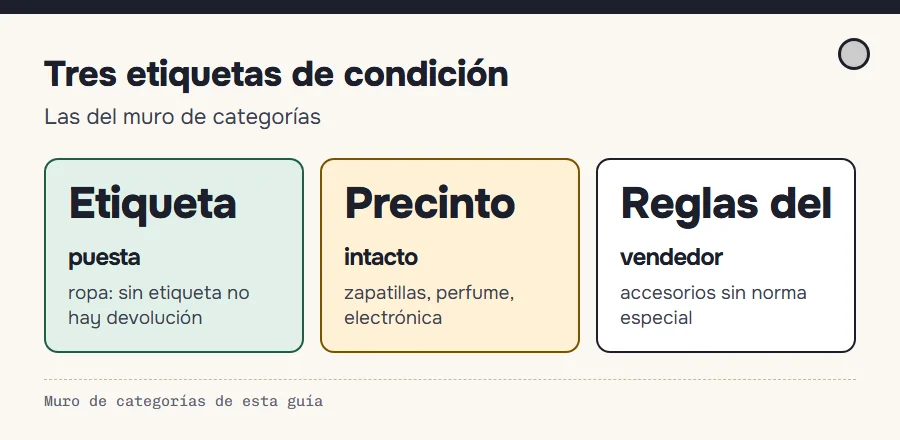 Las tres etiquetas de condición que usa este Spreadsheet: etiqueta puesta, precinto intacto y reglas del vendedor