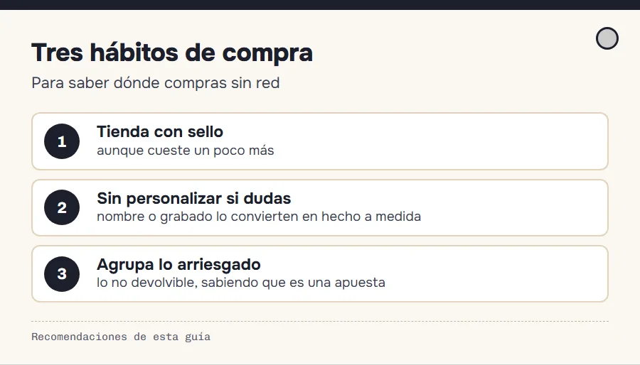 Tres hábitos para elegir artículos: preferir tiendas con sello de devolución, evitar personalizaciones si dudas y agrupar lo arriesgado