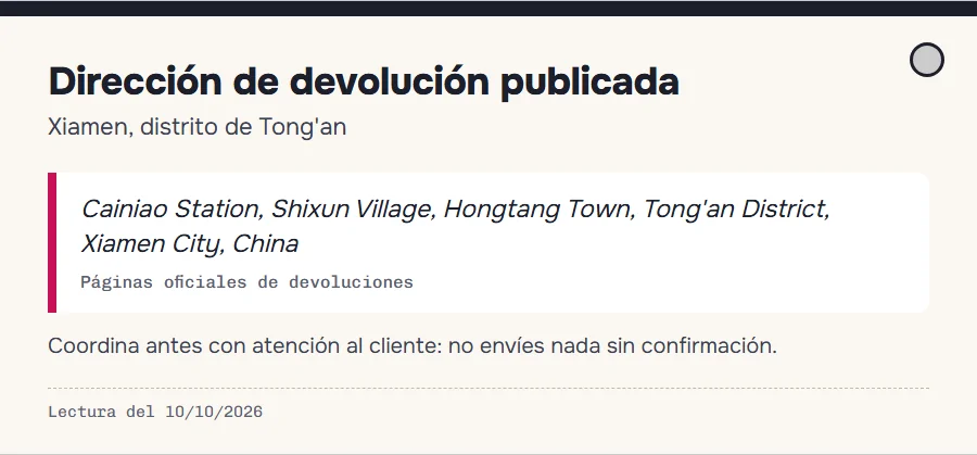 Ficha de la dirección de devolución en Xiamen publicada por Oopbuy, con la advertencia de coordinarla antes