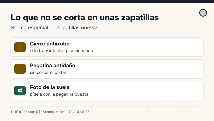Esquema de una zapatilla con el cierre antirrobo y la pegatina antidaño señalados como elementos que no se pueden cortar