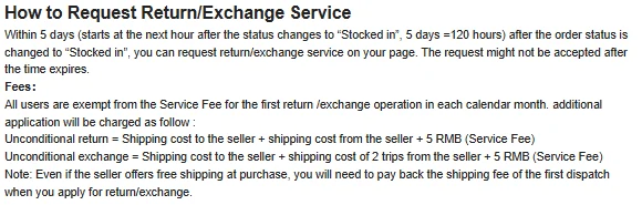 Captura de la página oficial Returns and Refunds con el párrafo que define 5 días como 120 horas desde Stocked in