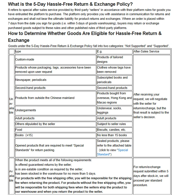 Captura de la tabla oficial de exclusiones de la garantía de devolución y cambio de 5 días