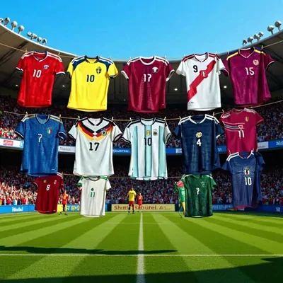 Camisetas de fútbol de distintos equipos expuestas sobre césped