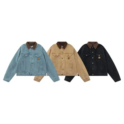 Tres chaquetas de trabajo con cuello de pana: una vaquera clara, una beige y una negra